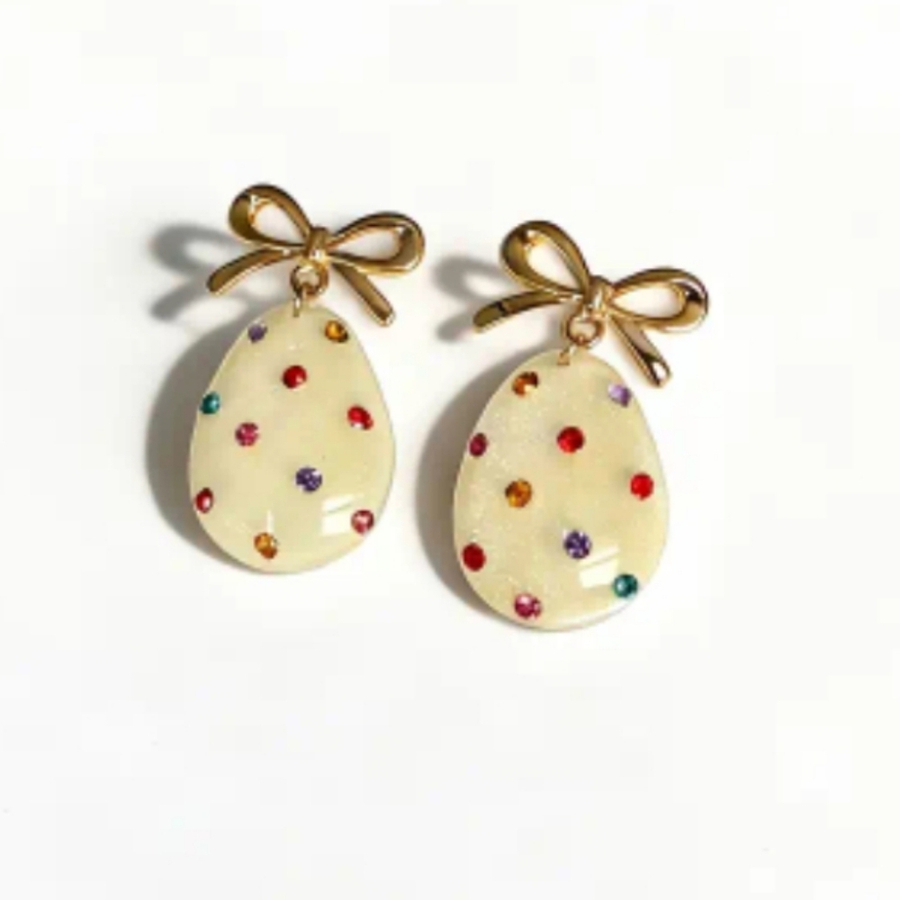 🆕️ Easter Shimmery Gold Bow and Gemstone Egg Earrings Large  NWOT - Picture 7 of 8